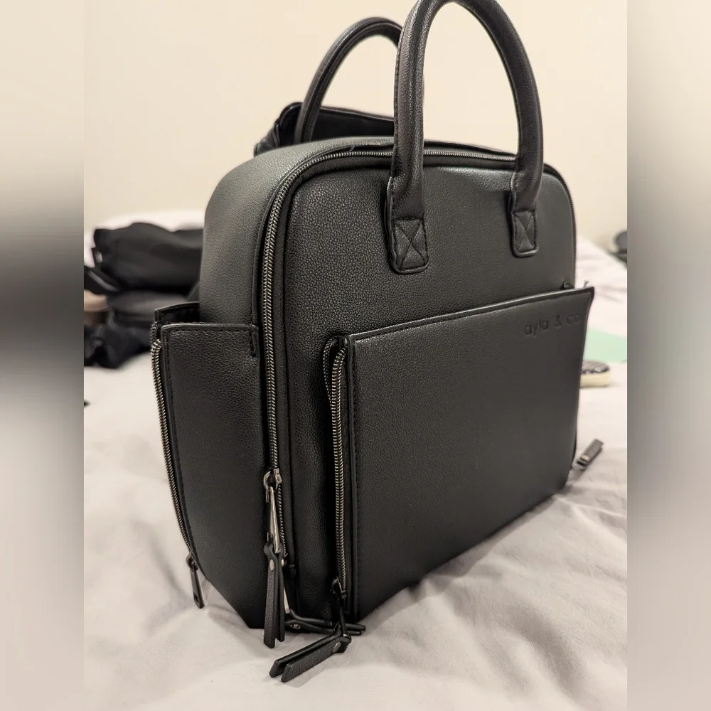 Compact Black Leather Baby Bag with Dual Handles